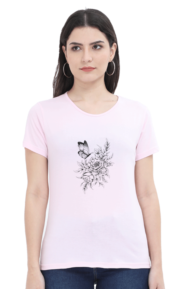 Floral Butterfly Tattoo Printed Scoop Neck T-Shirt For Women - WowWaves - 13