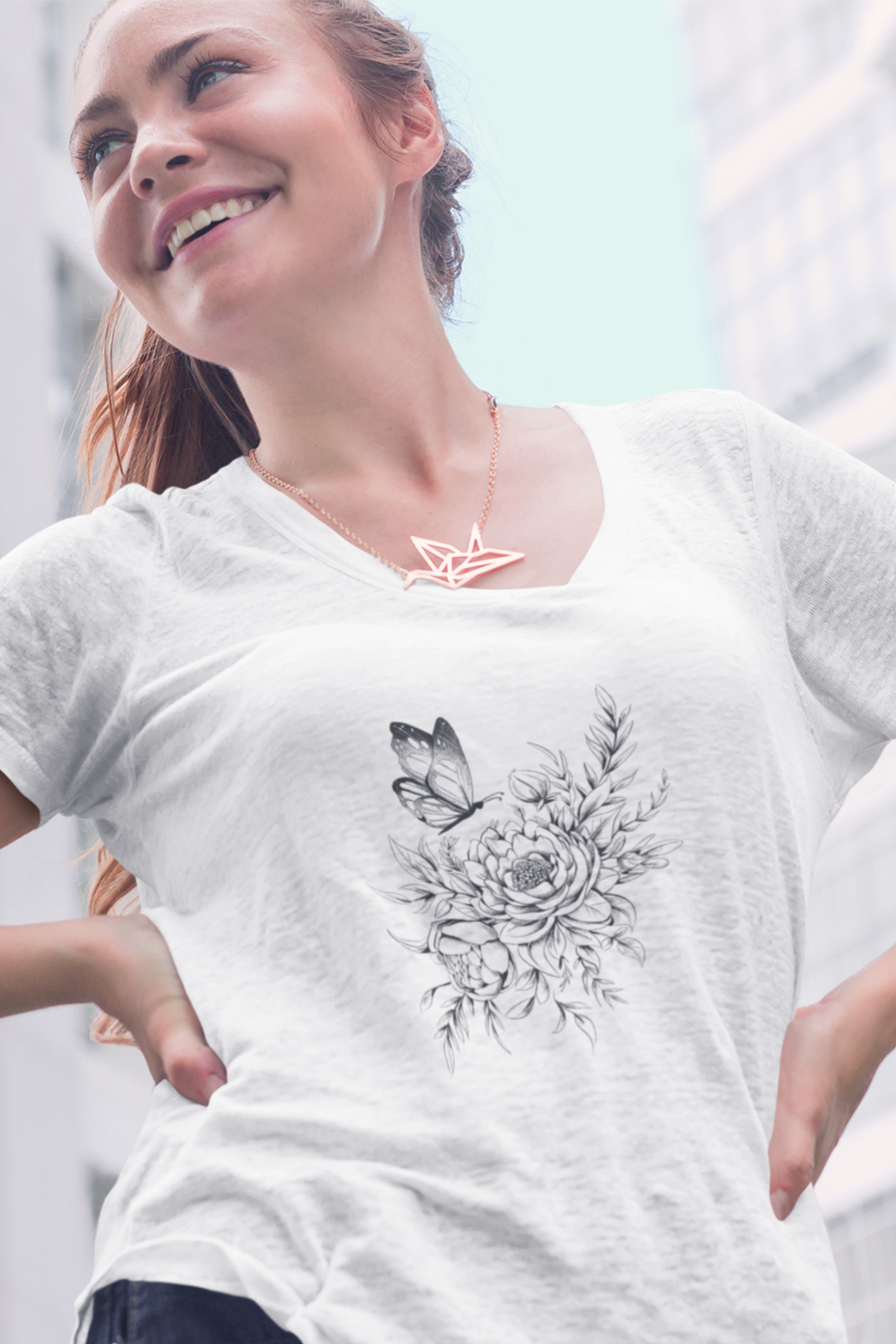 Floral Butterfly Tattoo Printed Scoop Neck T-Shirt For Women - WowWaves - 4