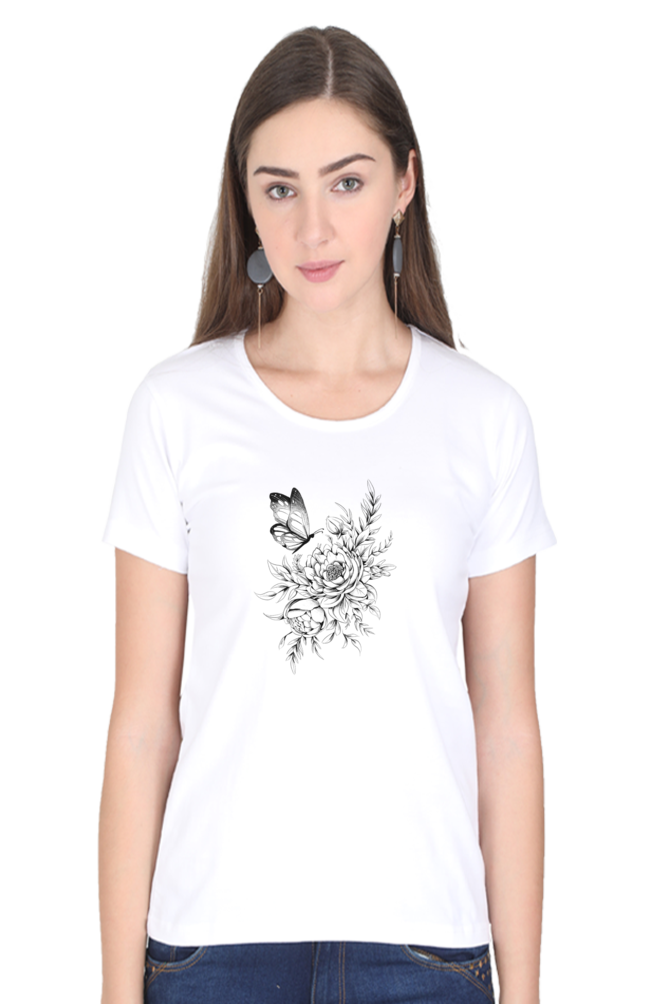Floral Butterfly Tattoo Printed Scoop Neck T-Shirt For Women - WowWaves - 11