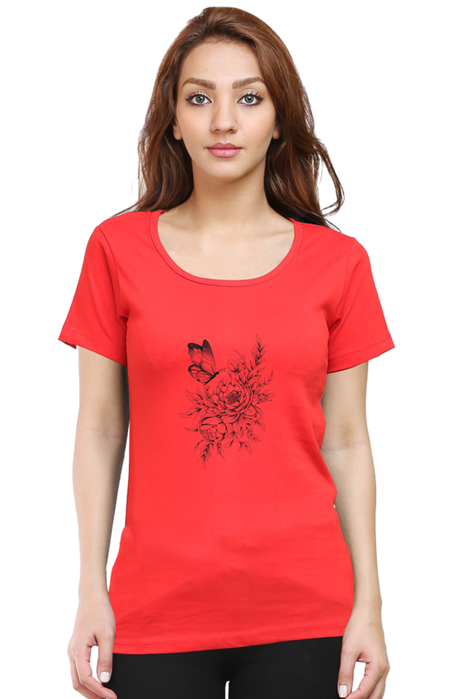 Floral Butterfly Tattoo Printed Scoop Neck T-Shirt For Women - WowWaves - 10