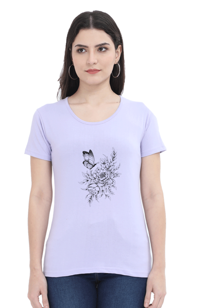 Floral Butterfly Tattoo Printed Scoop Neck T-Shirt For Women - WowWaves - 8