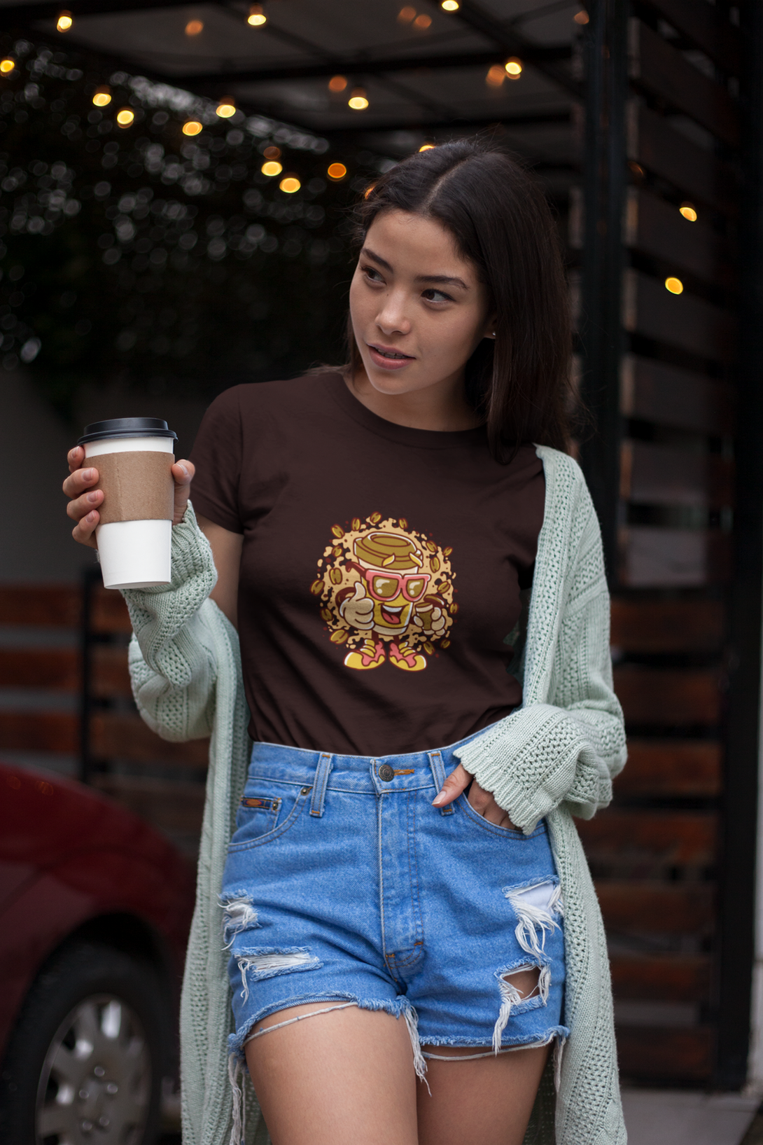 Cup With Coffee Beans Printed T-Shirt For Women - WowWaves - 6
