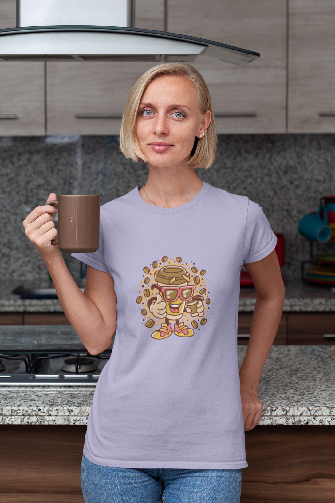 Cup With Coffee Beans Printed T-Shirt For Women - WowWaves - 7