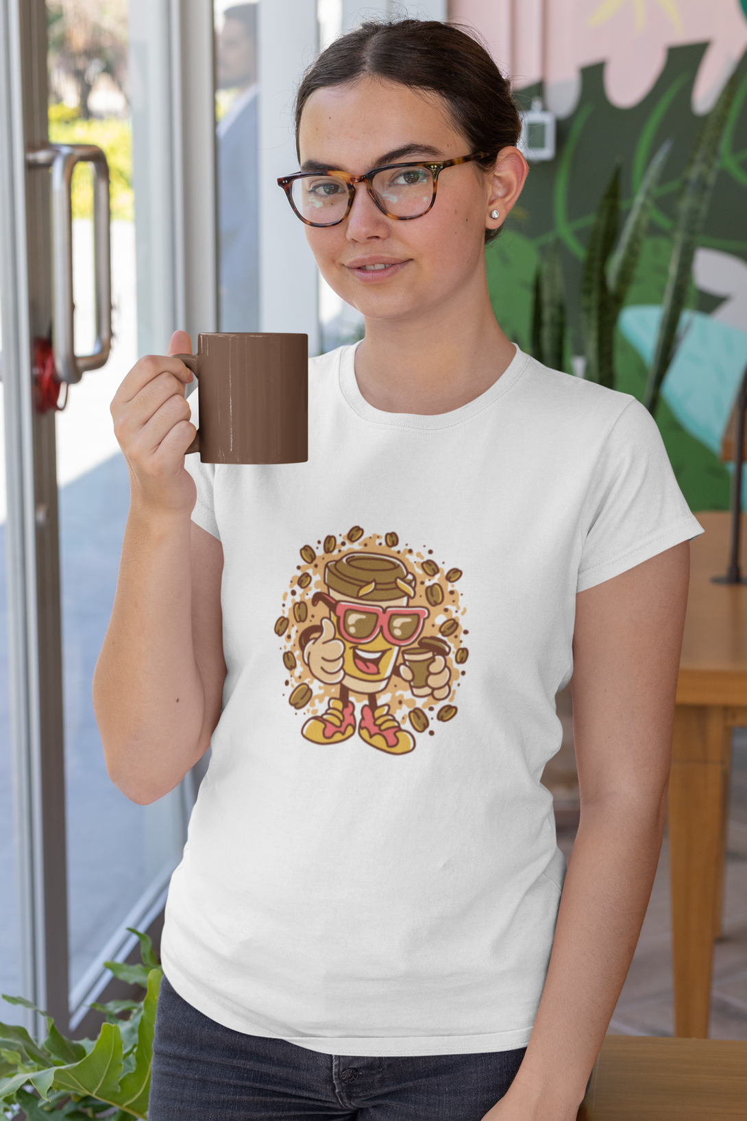 Cup With Coffee Beans Printed T-Shirt For Women - WowWaves - 3