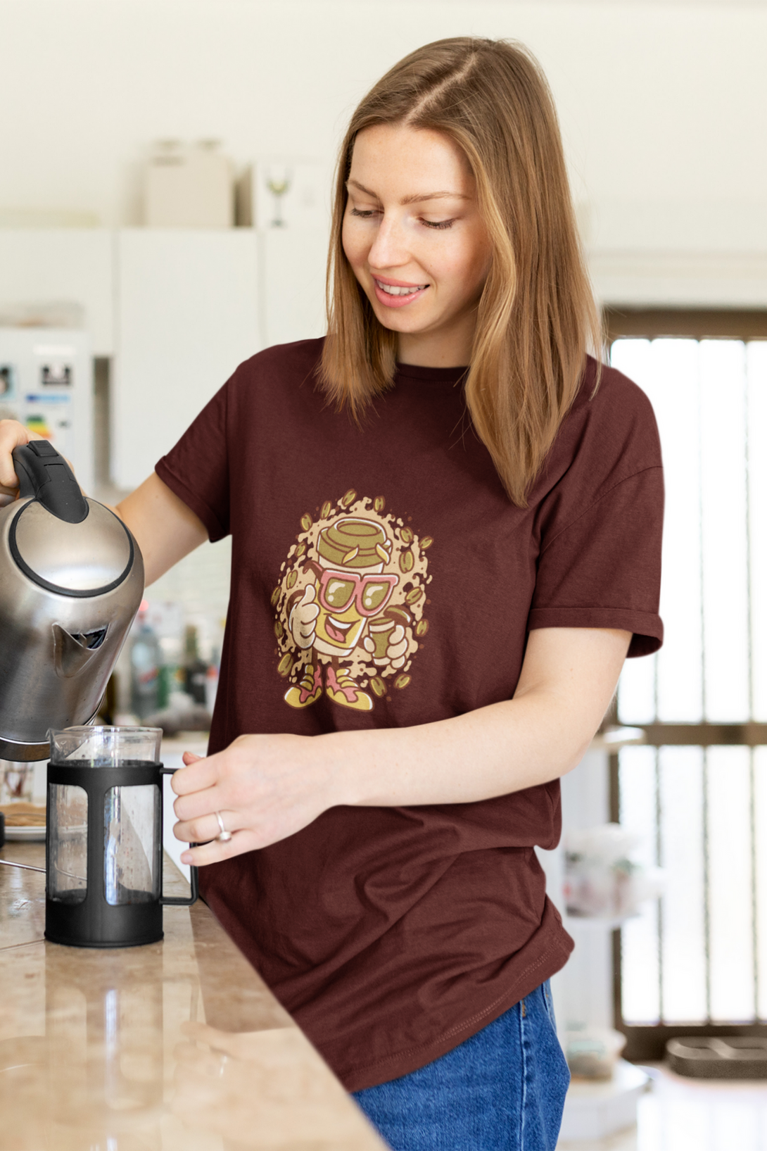 Cup With Coffee Beans Printed T-Shirt For Women - WowWaves - 5