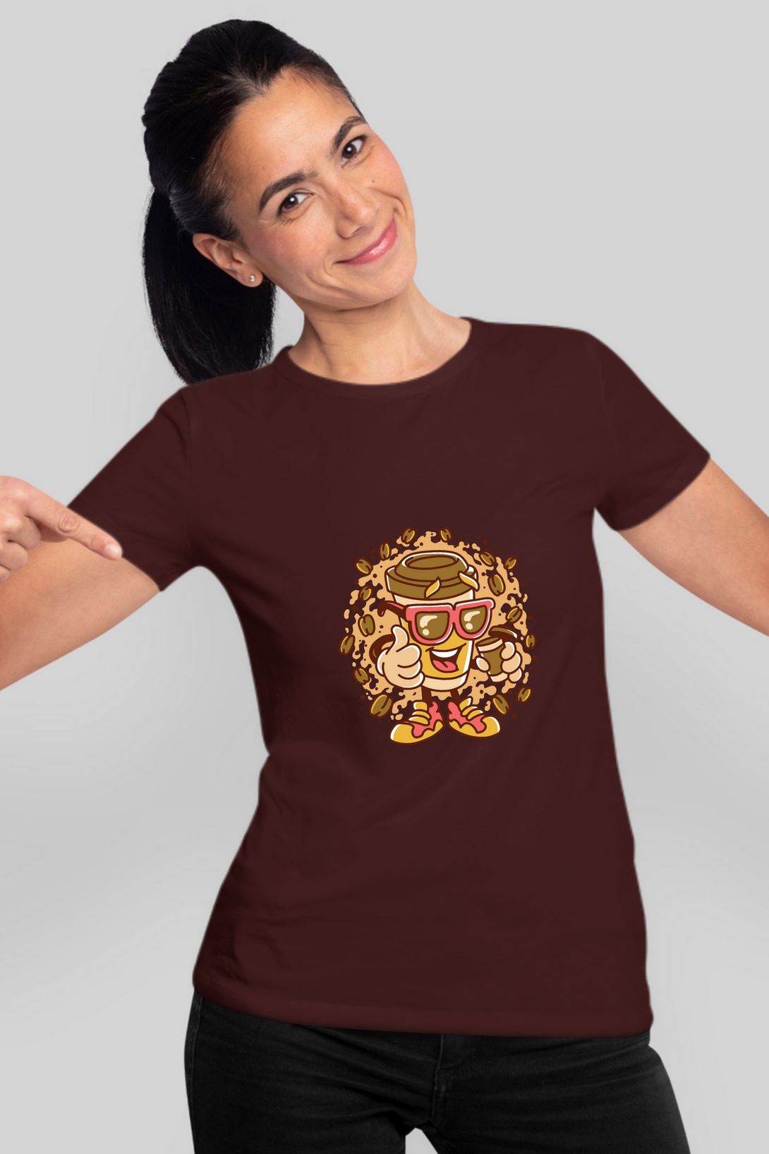 Cup With Coffee Beans Printed T-Shirt For Women - WowWaves - 10