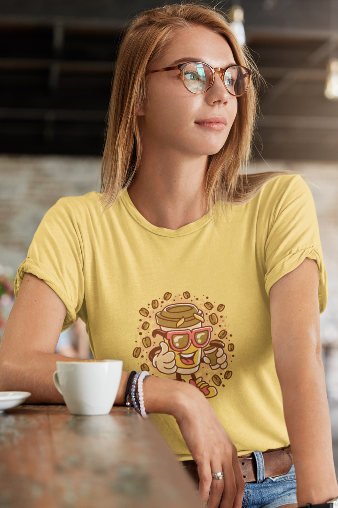 Cup With Coffee Beans Printed T-Shirt For Women - WowWaves - 4