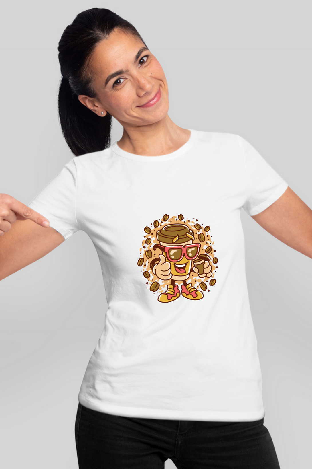 Cup With Coffee Beans Printed T-Shirt For Women - WowWaves - 8