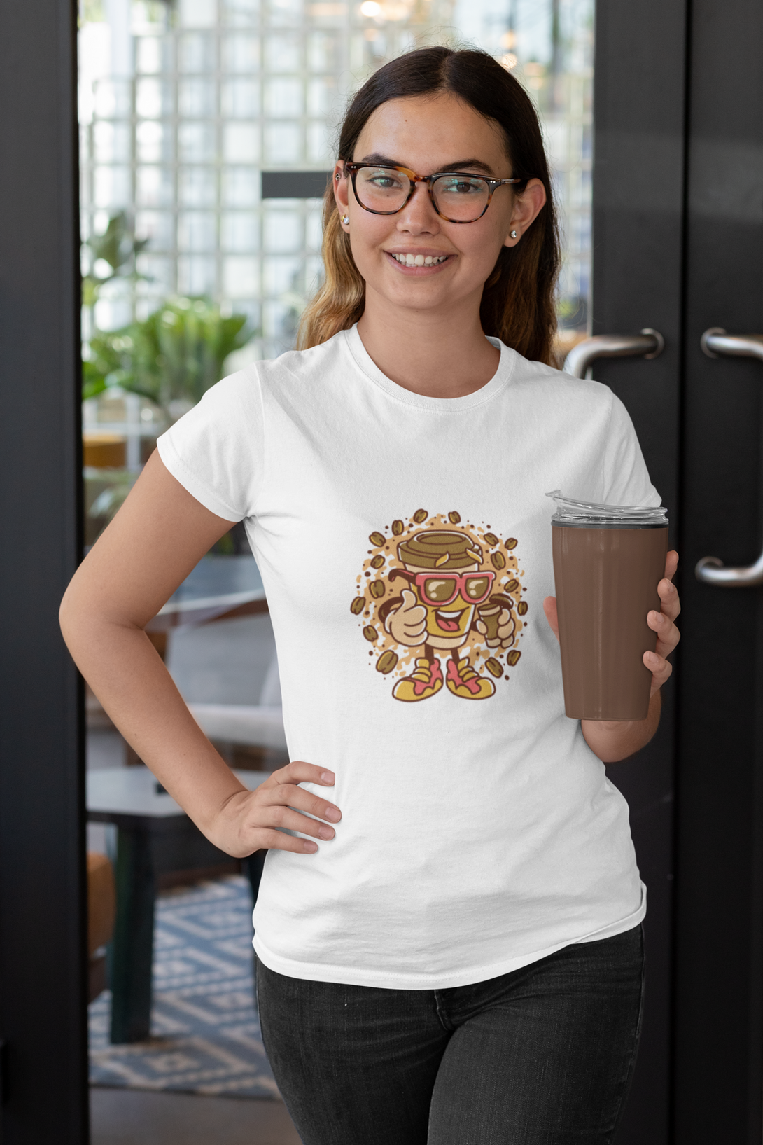Cup With Coffee Beans Printed T-Shirt For Women - WowWaves - 2