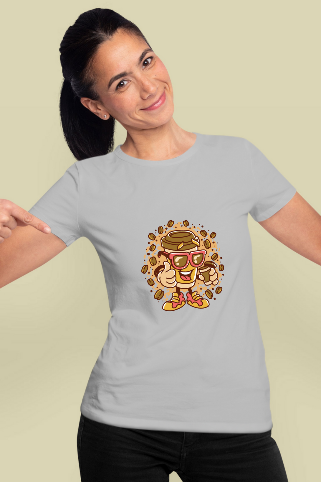 Cup With Coffee Beans Printed T-Shirt For Women - WowWaves - 12