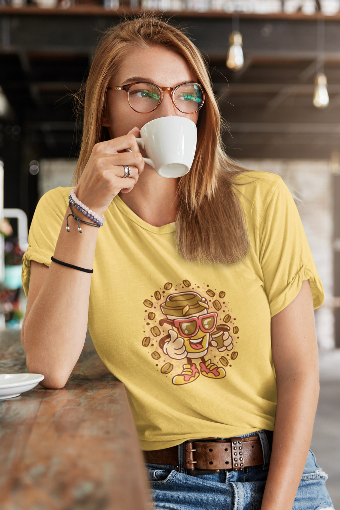 Cup With Coffee Beans Printed T-Shirt For Women - WowWaves