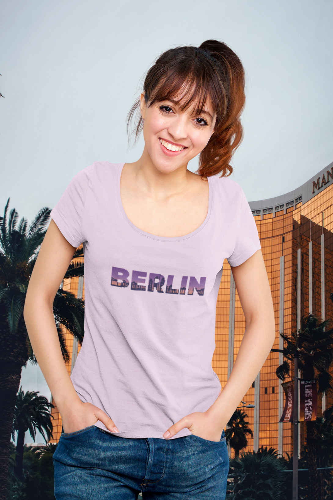 Berlin Skyline Printed Scoop Neck T-Shirt For Women - WowWaves - 2