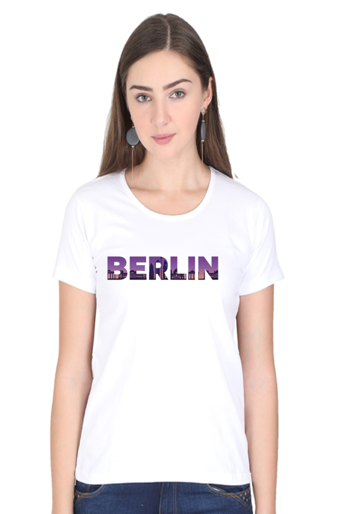 Berlin Skyline Printed Scoop Neck T-Shirt For Women - WowWaves - 11