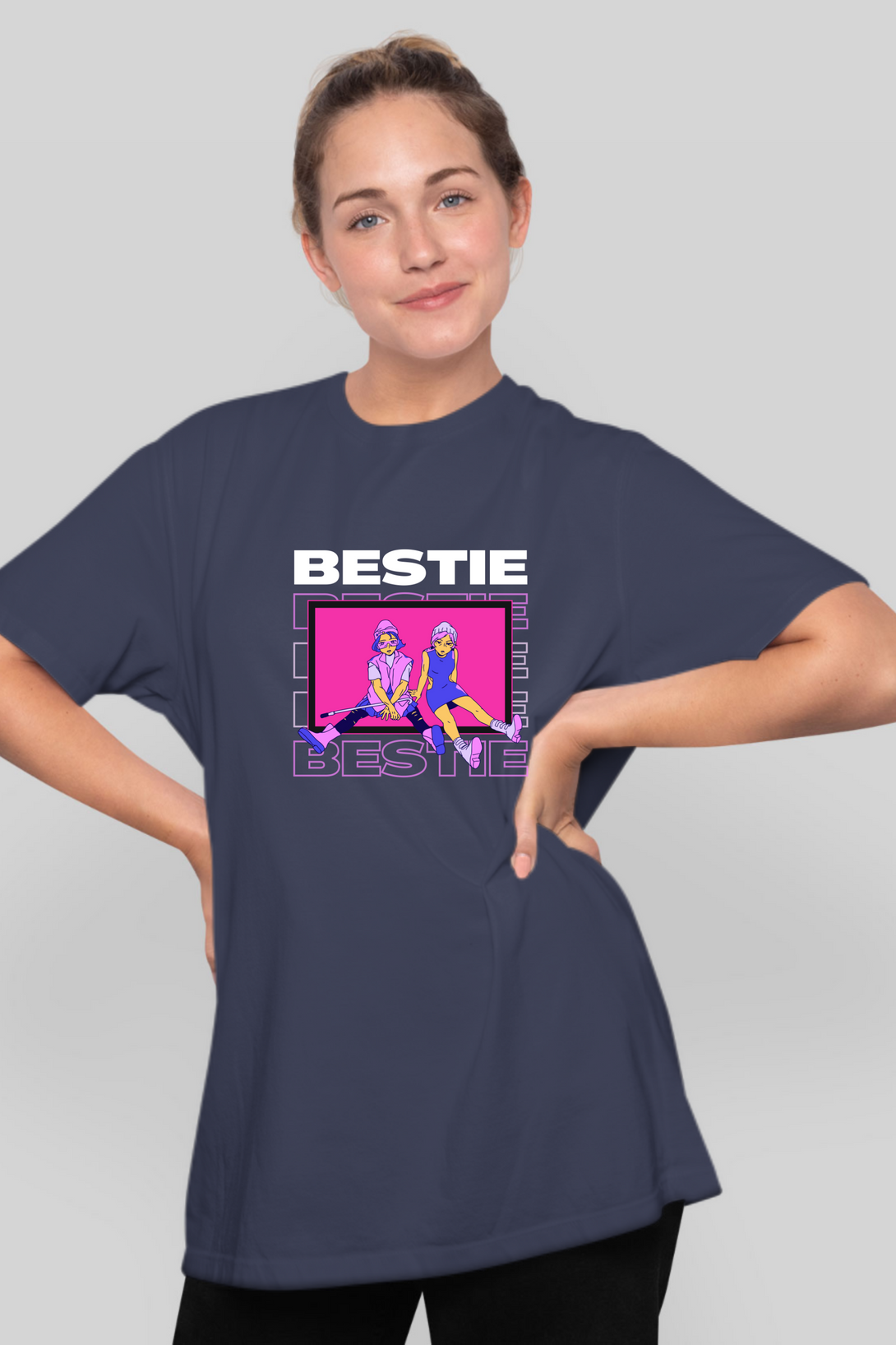 Bestie Bliss Printed Oversized T-Shirt For Women - WowWaves - 6