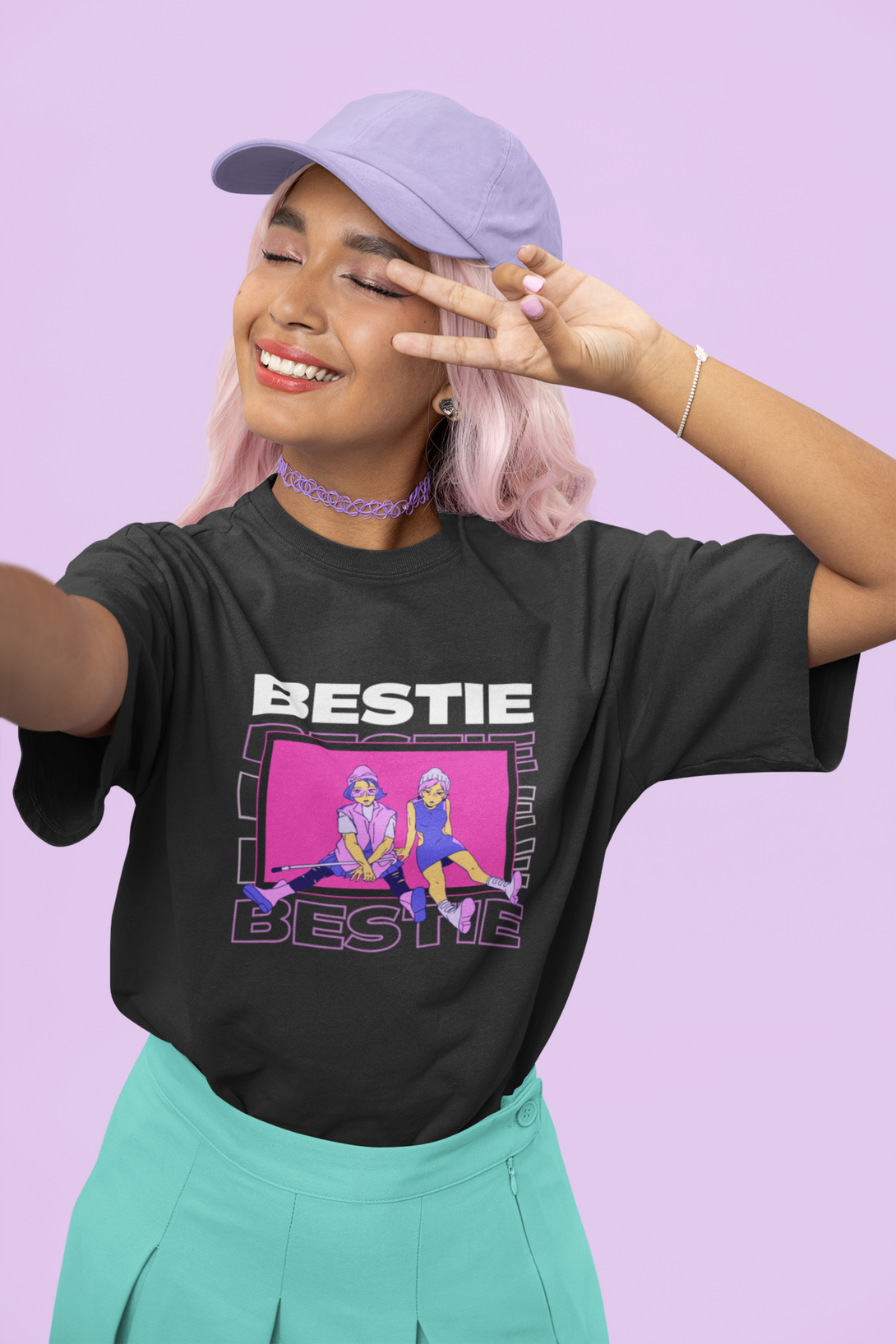 Bestie Bliss Printed Oversized T-Shirt For Women - WowWaves - 4
