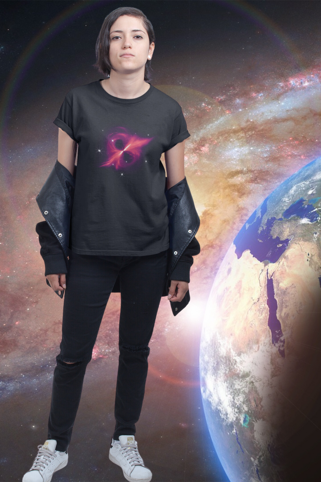 Black Hole Printed T-Shirt For Women - WowWaves - 2