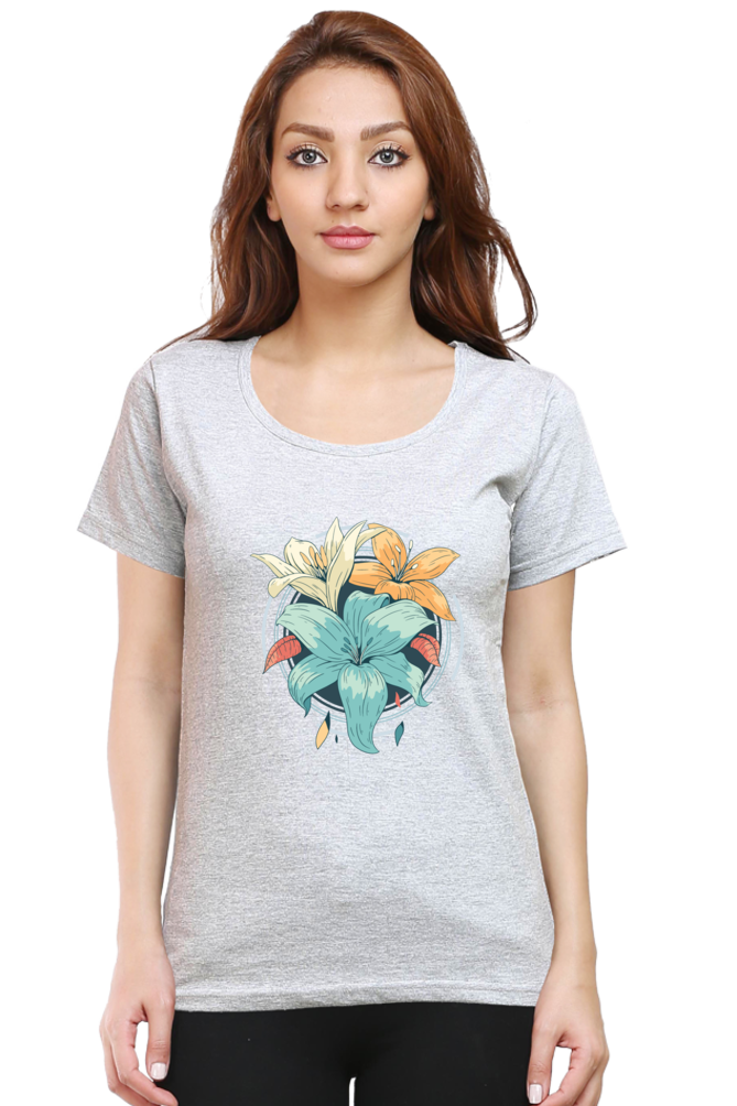 Blooming Lily Printed Scoop Neck T-Shirt For Women - WowWaves - 6