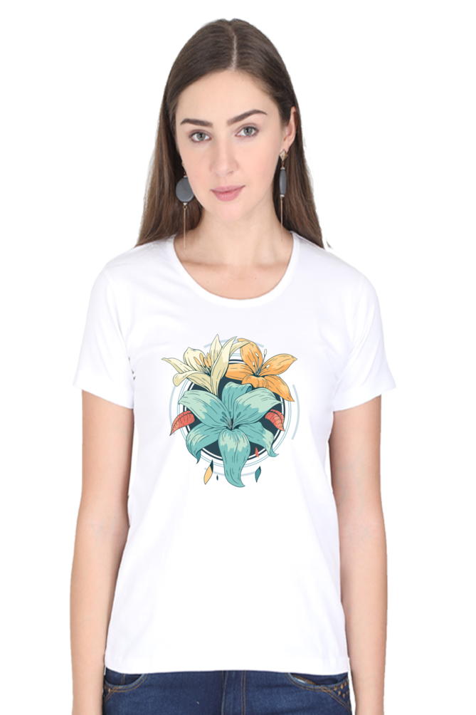 Blooming Lily Printed Scoop Neck T-Shirt For Women - WowWaves - 5