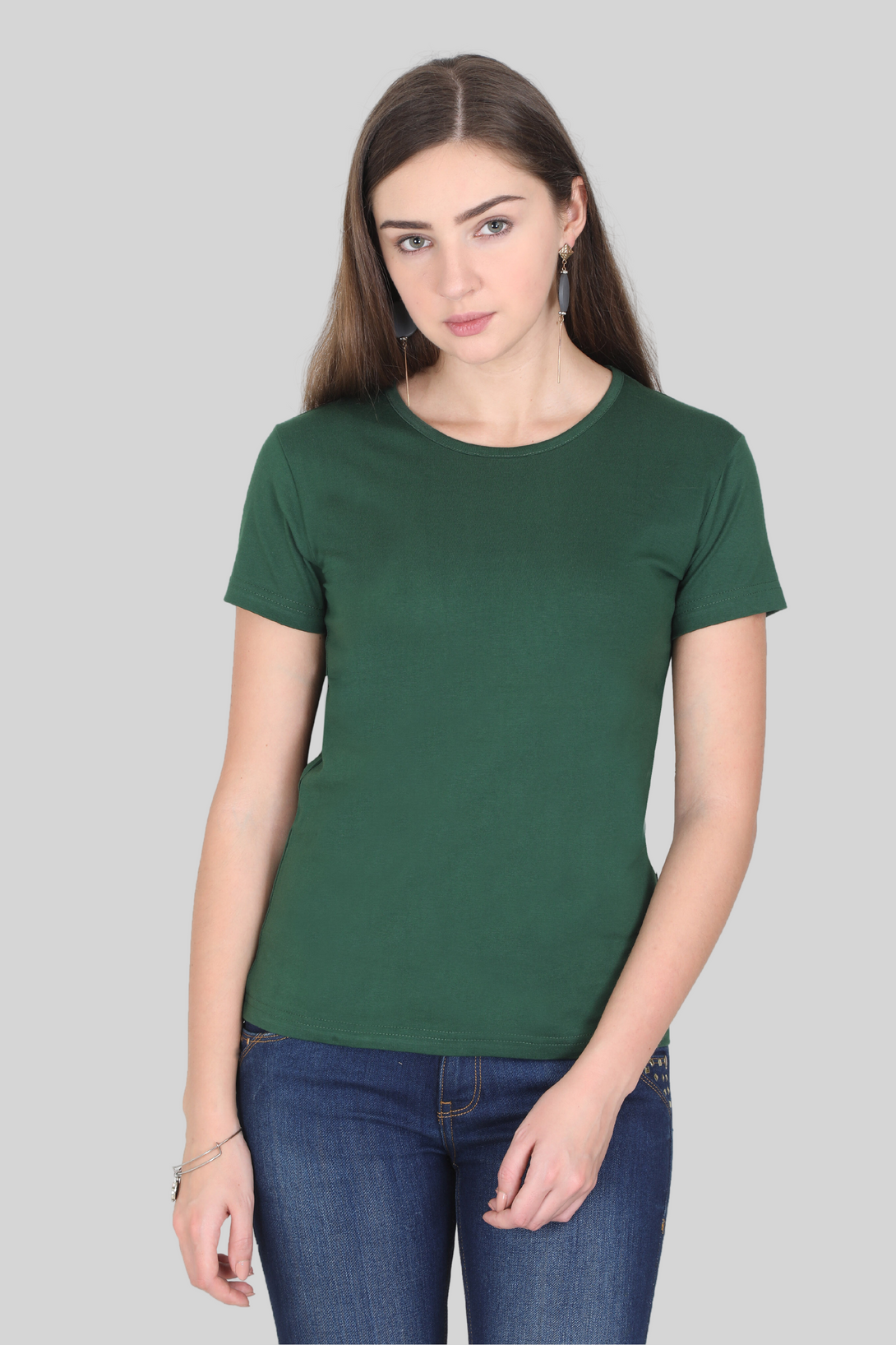 Bottle Green Scoop Neck T-Shirt For Women - WowWaves - 1