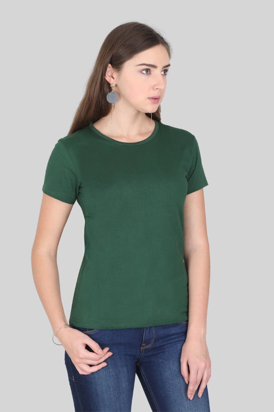 Bottle Green Scoop Neck T-Shirt For Women - WowWaves - 3