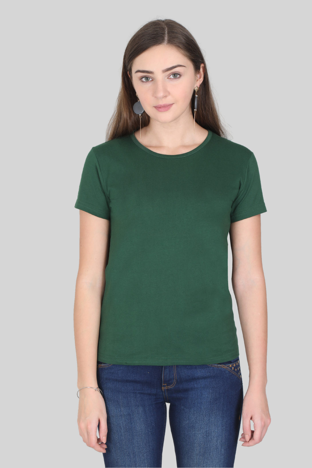 Bottle Green Scoop Neck T-Shirt For Women - WowWaves - 2