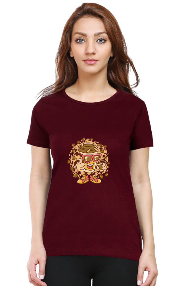 Cup With Coffee Beans Printed Scoop Neck T-Shirt For Women - WowWaves - 9