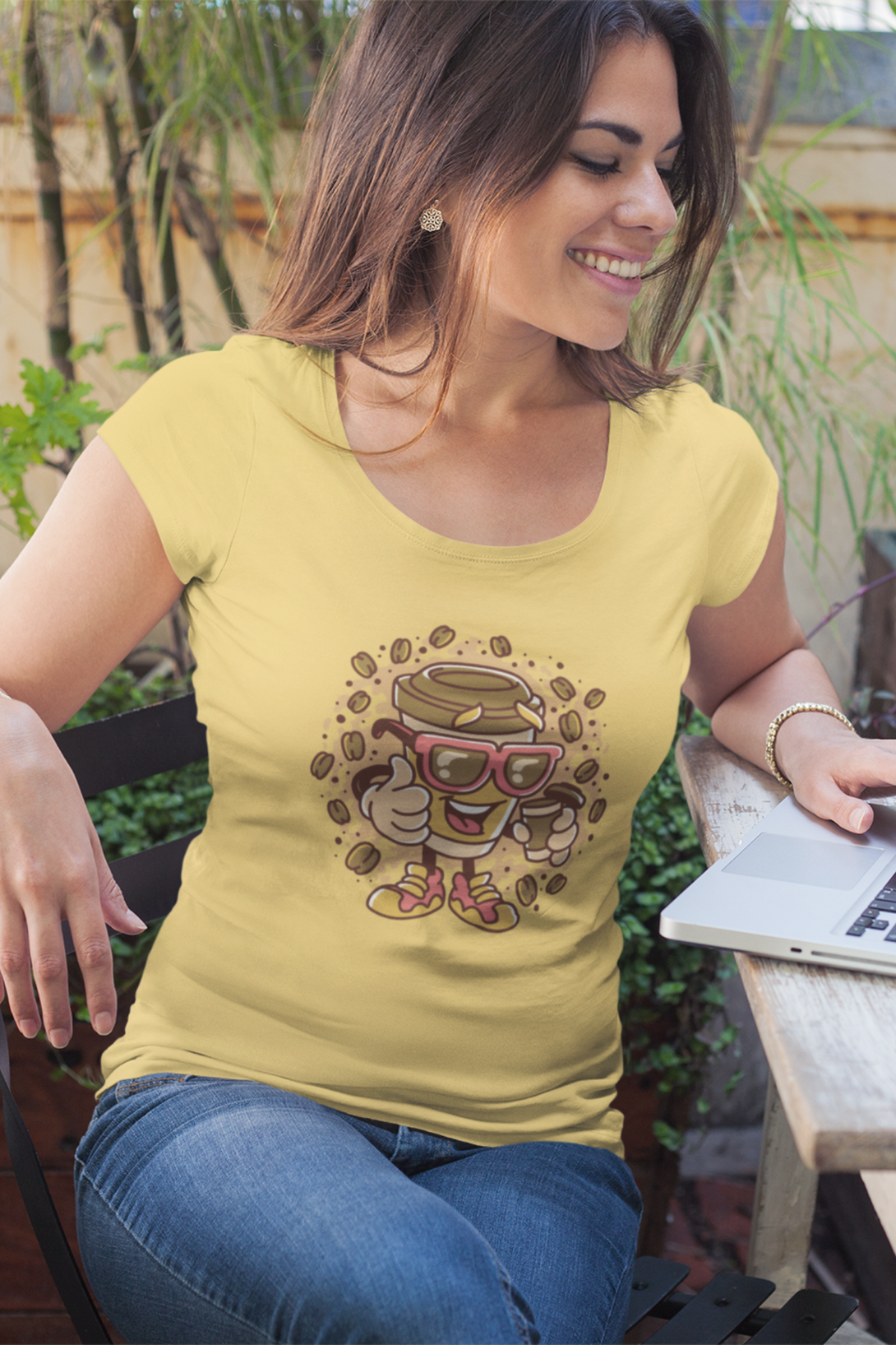 Cup With Coffee Beans Printed Scoop Neck T-Shirt For Women - WowWaves - 4