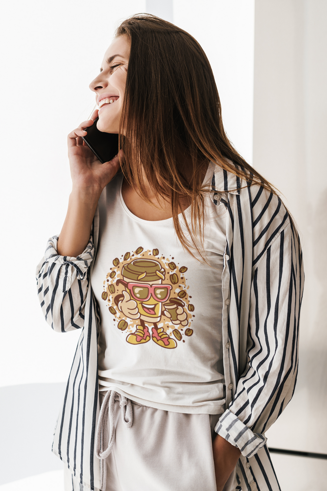 Cup With Coffee Beans Printed Scoop Neck T-Shirt For Women - WowWaves - 2