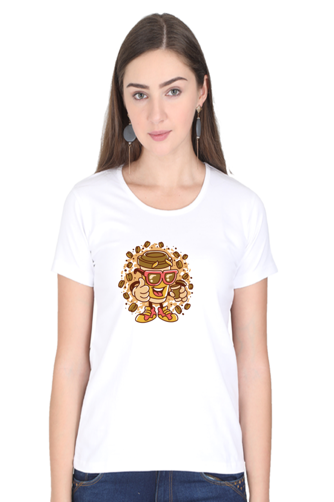Cup With Coffee Beans Printed Scoop Neck T-Shirt For Women - WowWaves - 7