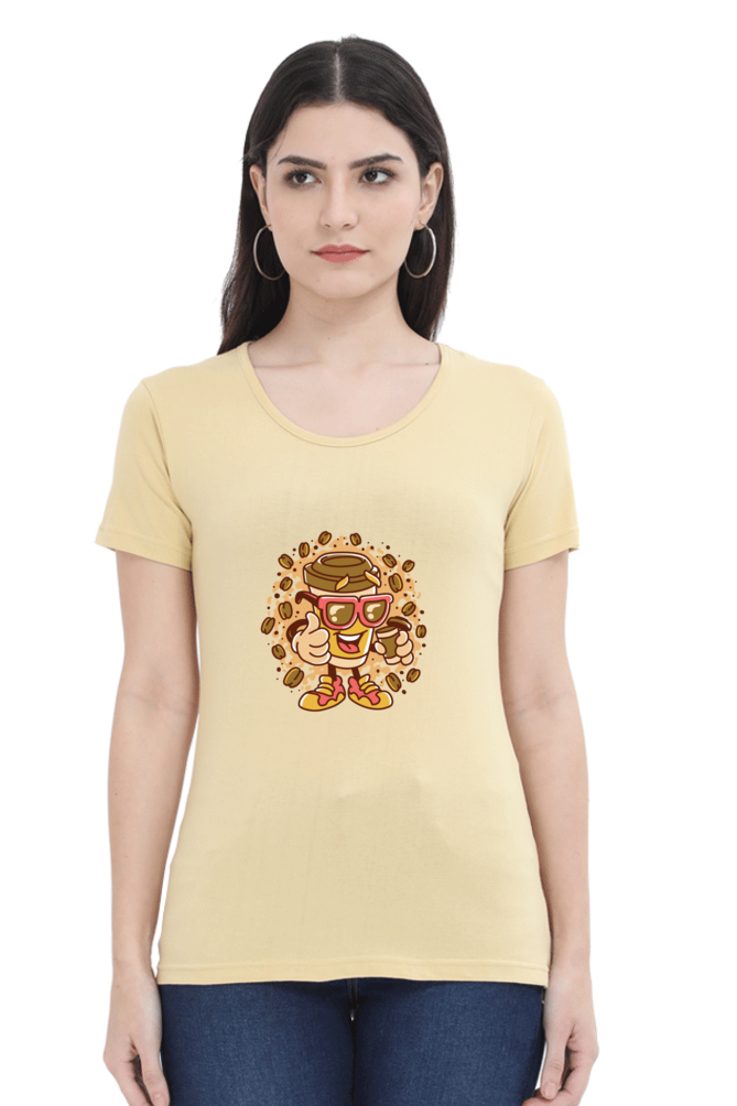 Cup With Coffee Beans Printed Scoop Neck T-Shirt For Women - WowWaves - 11