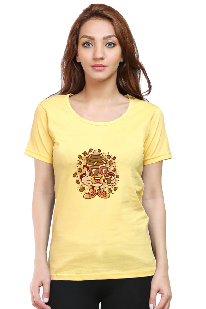 Cup With Coffee Beans Printed Scoop Neck T-Shirt For Women - WowWaves - 10