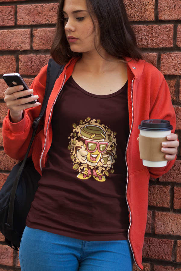 Cup With Coffee Beans Printed Scoop Neck T-Shirt For Women - WowWaves