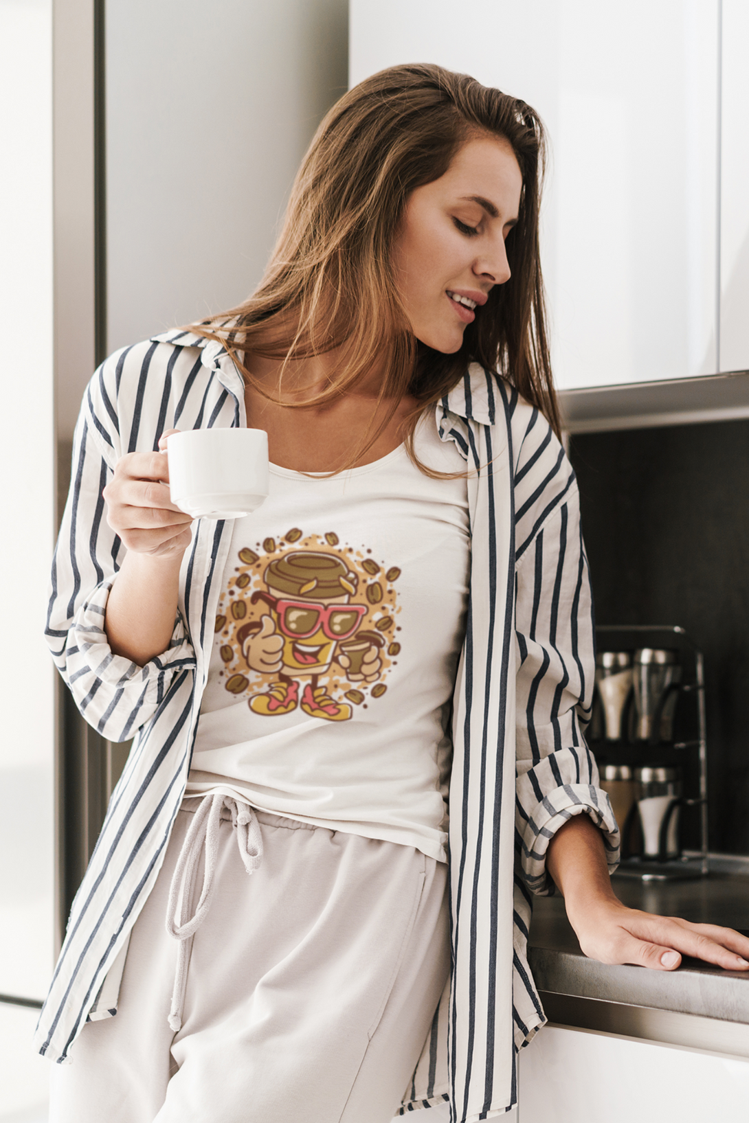 Cup With Coffee Beans Printed Scoop Neck T-Shirt For Women - WowWaves - 3