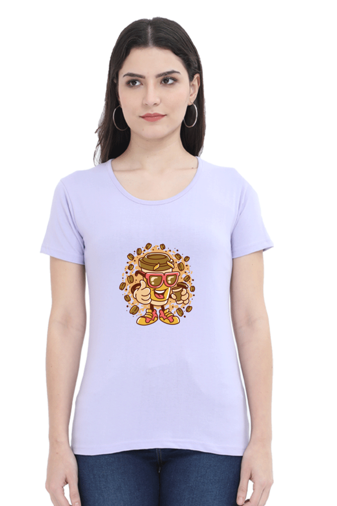 Cup With Coffee Beans Printed Scoop Neck T-Shirt For Women - WowWaves - 12