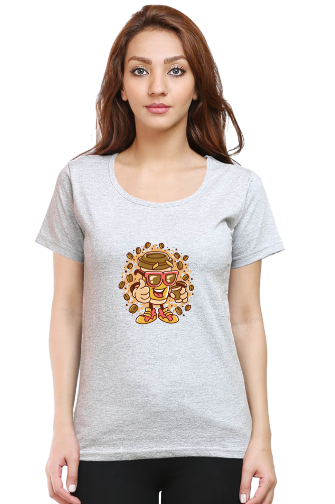 Cup With Coffee Beans Printed Scoop Neck T-Shirt For Women - WowWaves - 8