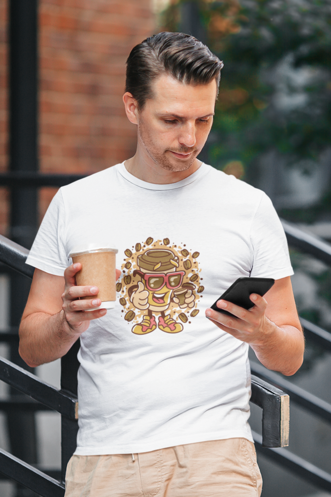 Cup With Coffee Beans Printed T-Shirt For Men - WowWaves
