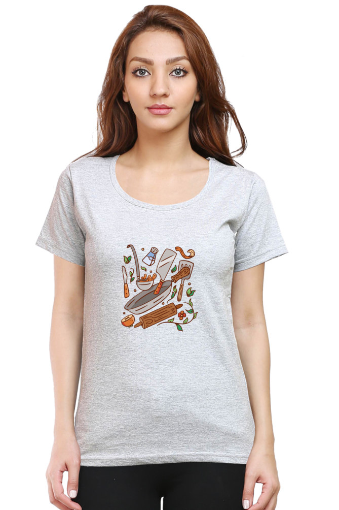 Kitchen Elements Printed Scoop Neck T-Shirt For Women - WowWaves - 9