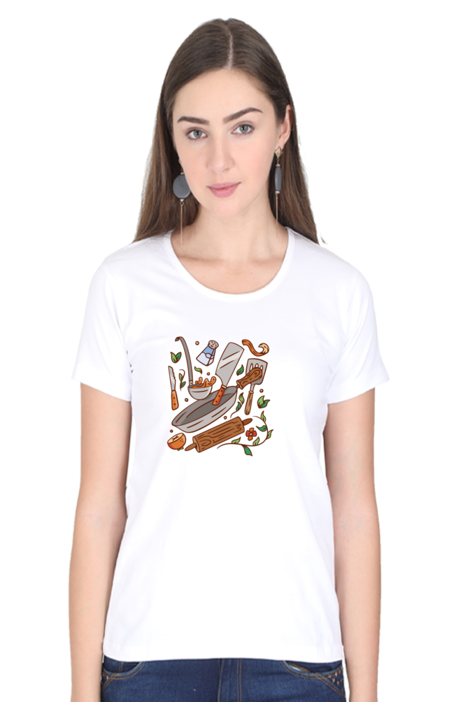 Kitchen Elements Printed Scoop Neck T-Shirt For Women - WowWaves - 8