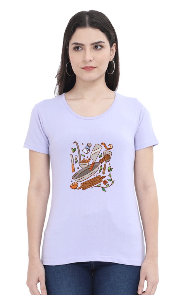 Kitchen Elements Printed Scoop Neck T-Shirt For Women - WowWaves - 12