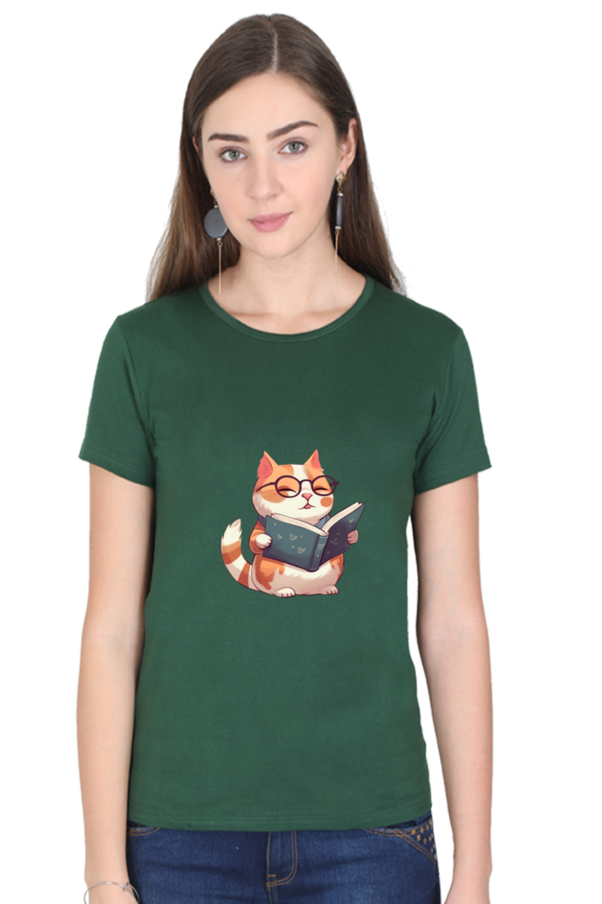 Cat Reading Books Printed Scoop Neck T-Shirt For Women - WowWaves - 14