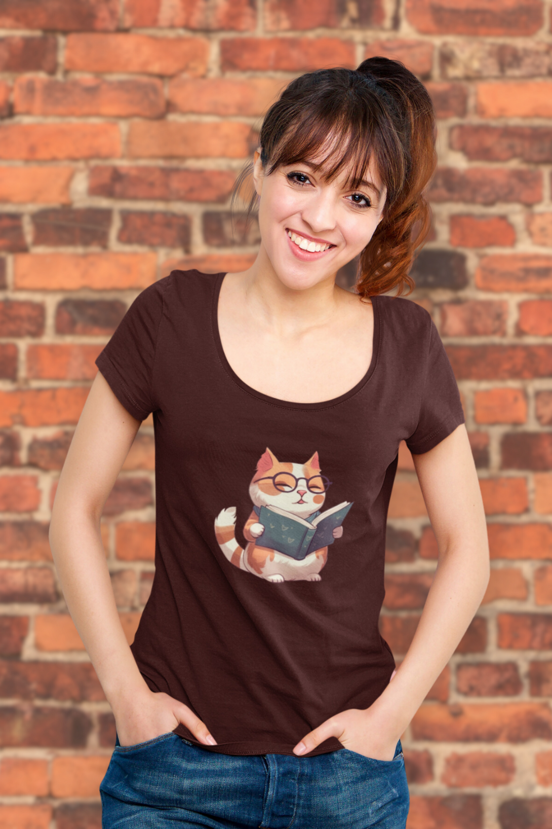Cat Reading Books Printed Scoop Neck T-Shirt For Women - WowWaves - 3
