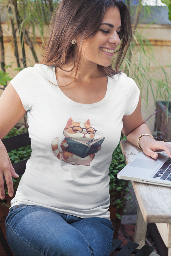 Cat Reading Books Printed Scoop Neck T-Shirt For Women - WowWaves
