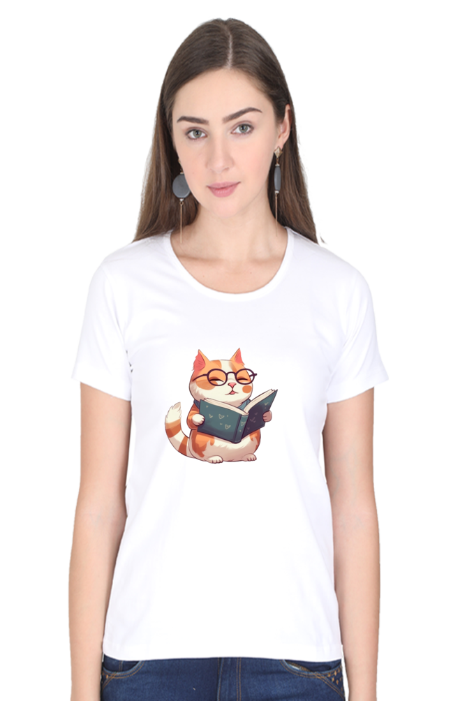 Cat Reading Books Printed Scoop Neck T-Shirt For Women - WowWaves - 9