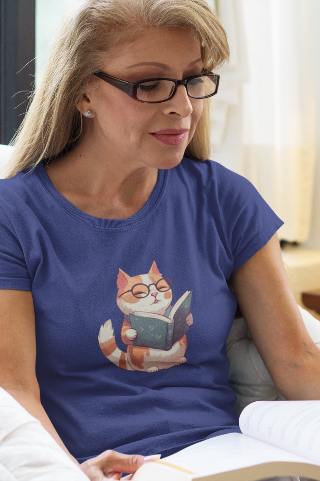 Cat Reading Books Printed Scoop Neck T-Shirt For Women - WowWaves - 6