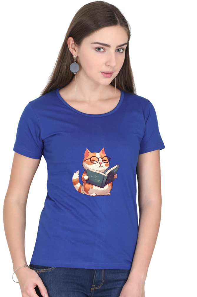 Cat Reading Books Printed Scoop Neck T-Shirt For Women - WowWaves - 13