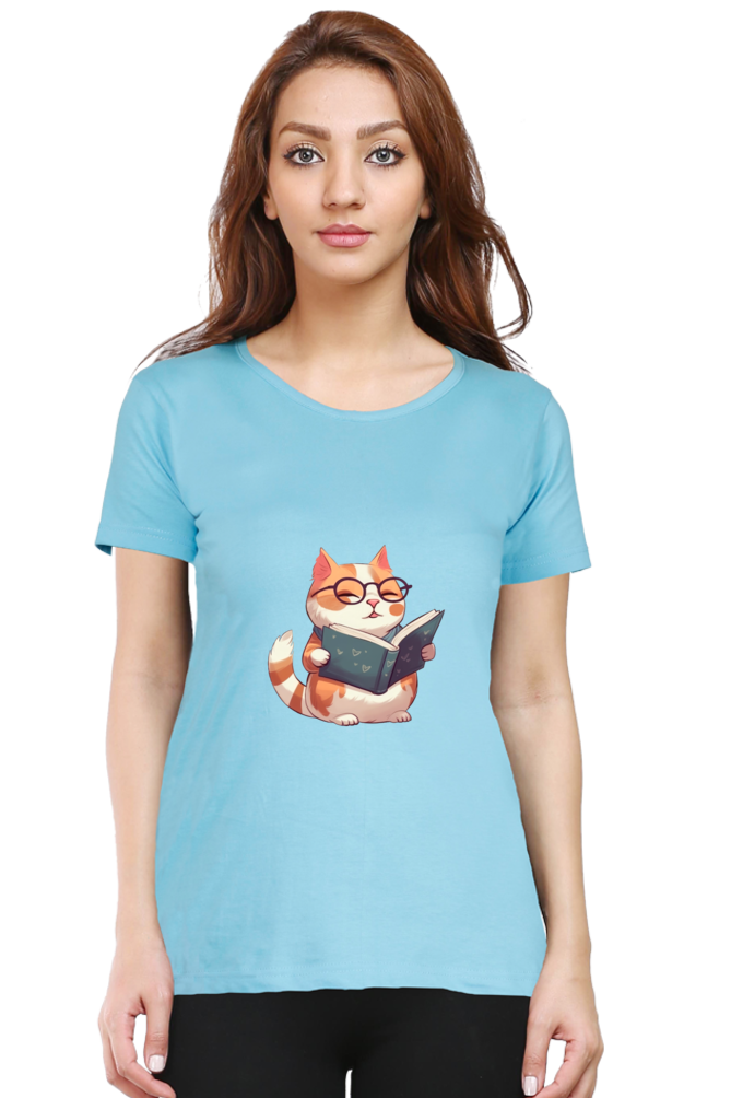 Cat Reading Books Printed Scoop Neck T-Shirt For Women - WowWaves - 11
