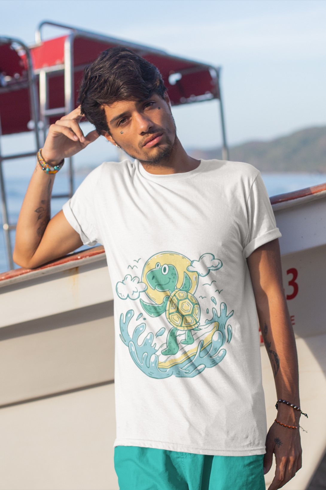Turtle Surfer White Printed T-Shirt For Men - WowWaves - 3