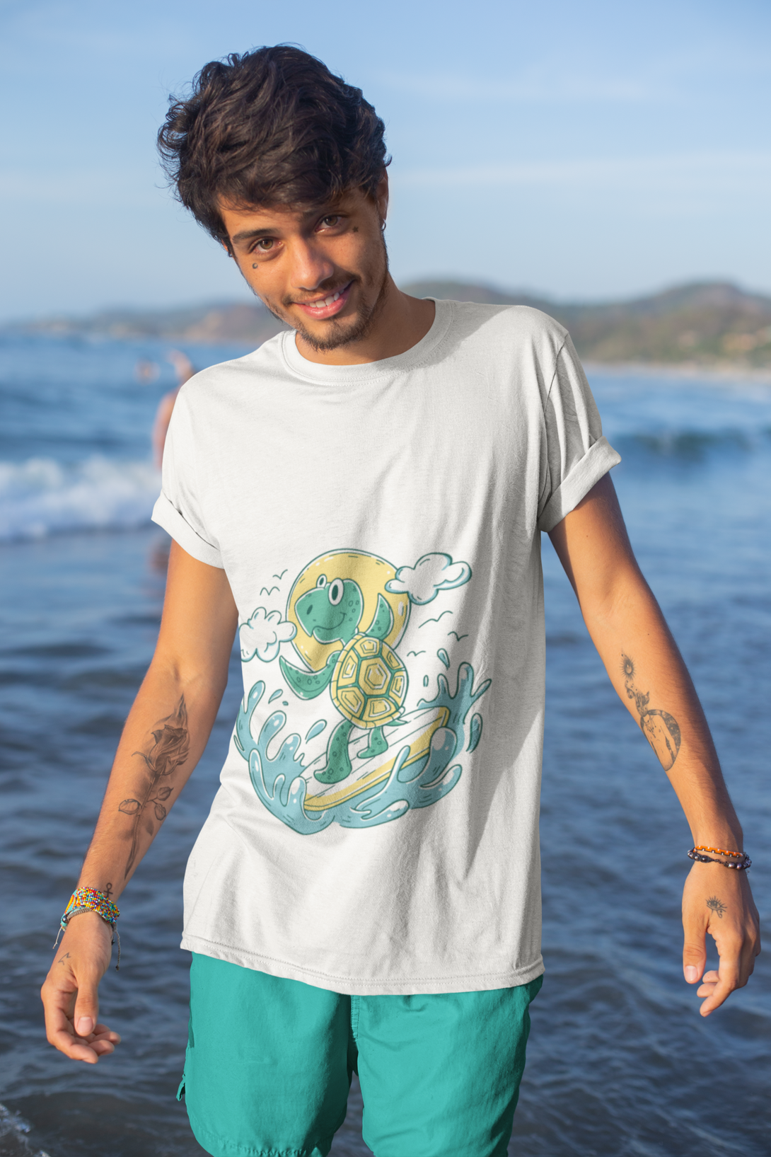 Turtle Surfer White Printed T-Shirt For Men - WowWaves - 4