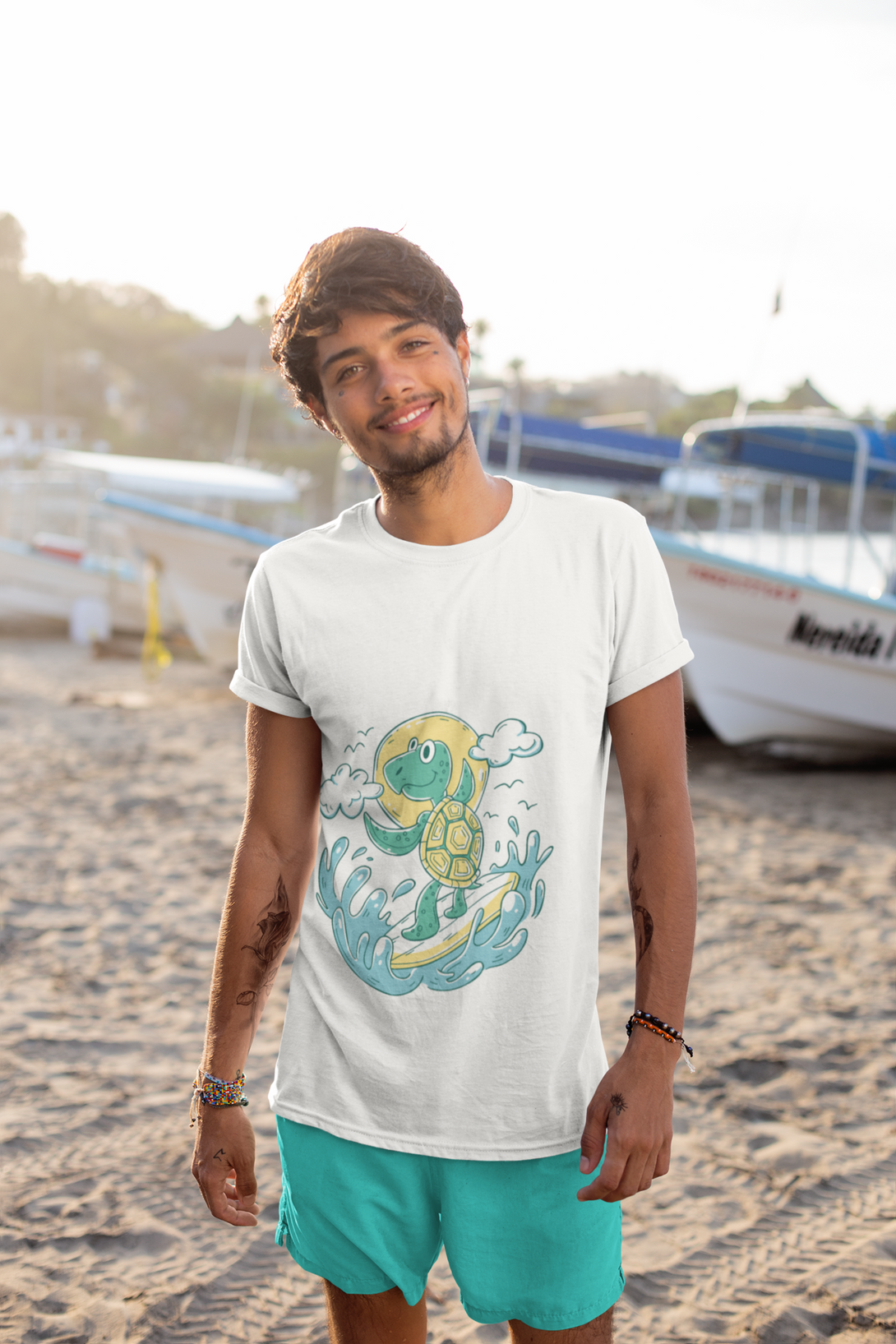 Turtle Surfer White Printed T-Shirt For Men - WowWaves - 2