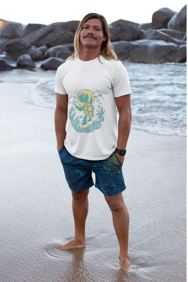 Turtle Surfer White Printed T-Shirt For Men - WowWaves
